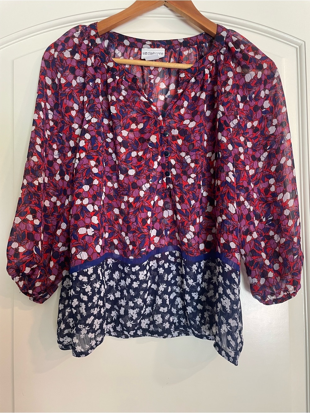 Liz Claiborne 3/5 Sleeve Sheer Purple and Navy Mixed-Print Blouse Petite M